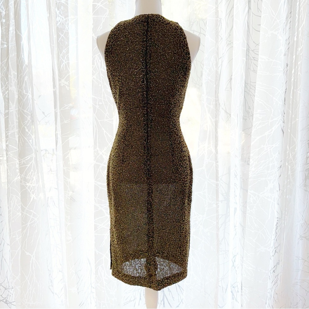 VINTAGE BLACK TIE OLEG CASSINI GOLD BEADED SLEEVELESS MIDI GOWN - Picture 4 of 16